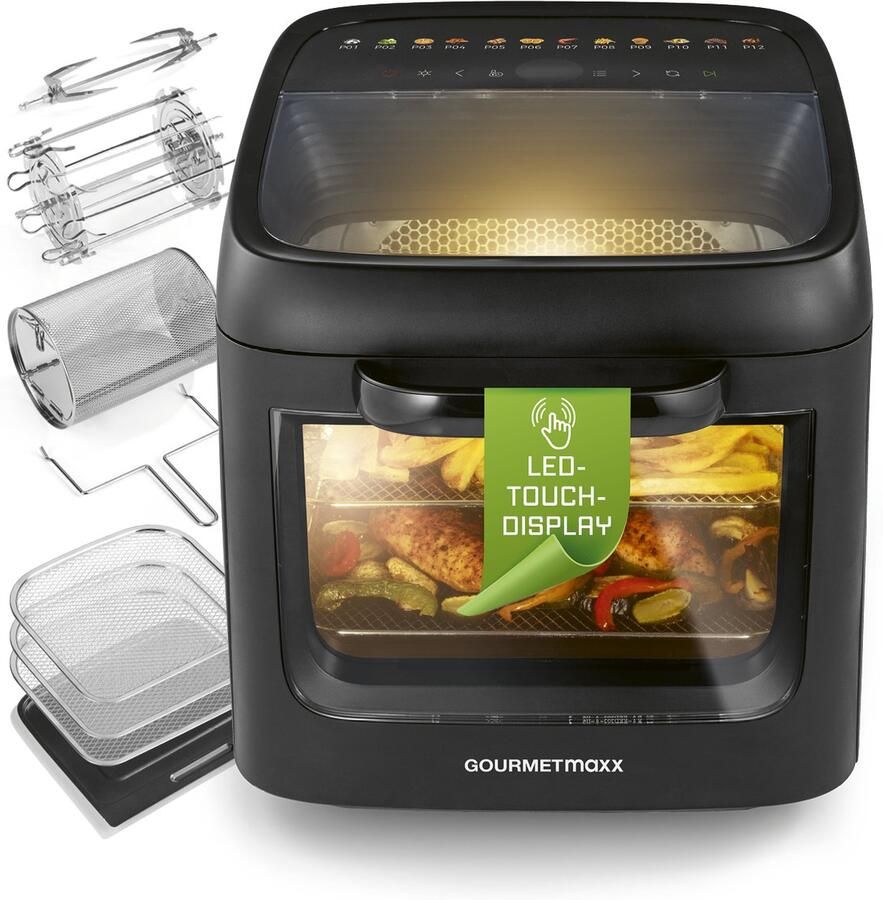 Gourmetmaxx heteluchtoven met panoramadak en voorruit 12 5 l Heteluchtfriteuse met 9 functies Airfryer friteuse en minibakoven in één voor max. 8 personen Heteluchtfriteuse met kleurpictogrammen