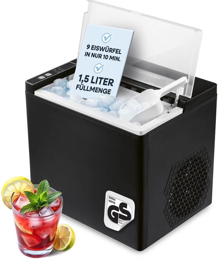 Gourmetmaxx ijsblokjesmachine 150 watt voor kamperen en meer – geen wateraansluiting nodig IJsblokjesmachine voor thuis IJsblokjesmachine incl. opvangbak & ijsschep 12 kg per dag