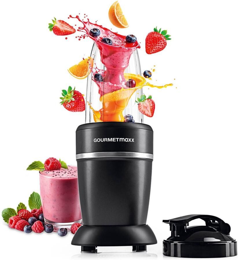 Gourmetmaxx Mixer & Smoothiemaker 4-delig Elektrische staande mixer voor een vitaminekick voor onderweg Voedingsmixer met lekvrije deksel Blender keukenmachine voor shakes en meer