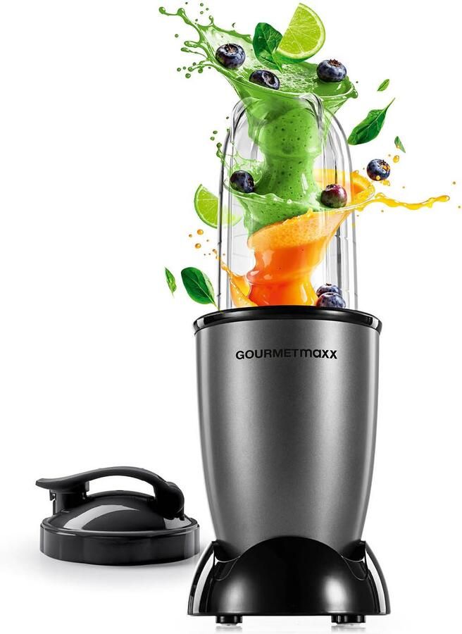 Gourmetmaxx Mr. Magic Mixer 4-delig 400 W kruisvormig mes beker van 500 ml & meeneemdeksel Voor shakes dipsauzen en sauzen Gemakkelijk schoon te maken Antraciet zwart