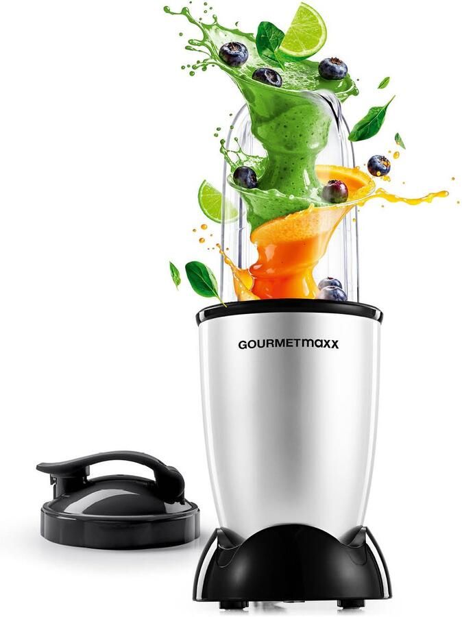 Gourmetmaxx Mr. Magic Mixer 4-delig 400 W motor kruisvormig mes beker van 500 ml & meeneemdeksel Smoothiemaker & staande mixer Voor shakes dipsauzen en sauzen Gemakkelijk schoon te maken zilver zwart
