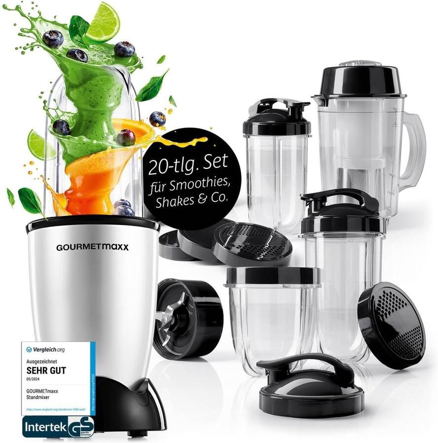 Gourmetmaxx Mr. Magic Power Pro-blender 400 watt Smoothiemaker met meeneemdeksel Staande blender met mengbeker en vershouddeksel voor bewaren Blender met XL-accessoireset voor shakes smoothies enz