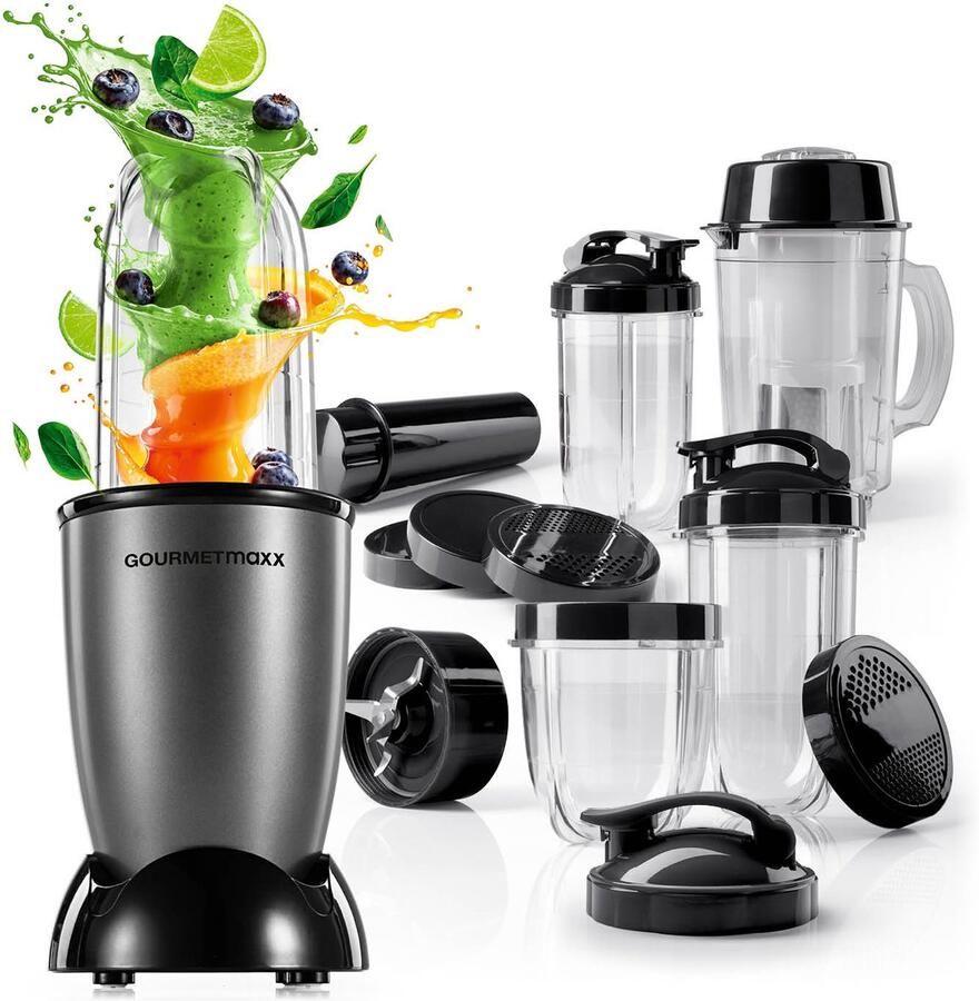 Gourmetmaxx Mr. Magic Power Pro Mixer 400 watt Smoothiemaker met meeneemdeksel Staande mixer met mengbeker en vershouddeksel voor bewaren Blender met XL-accessoireset voor shakes smoothies enz
