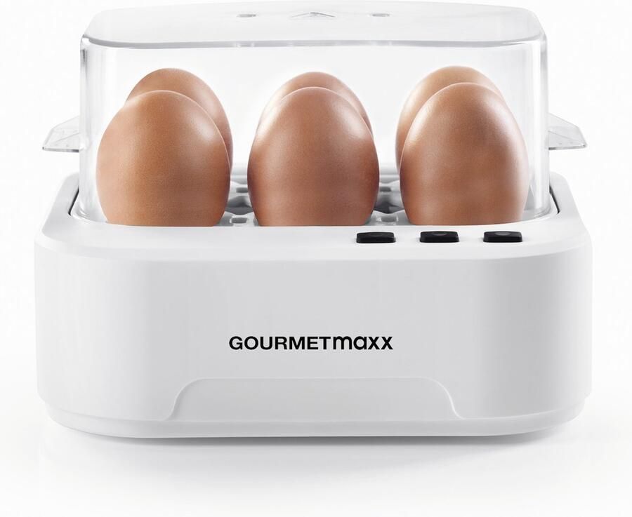 Gourmetmaxx Sprekende eierkoker voor 6 eieren Design eierkoker met eierprikker maatbeker en spraakfunctie 3 hardheidsgraden voor perfect gekookte eieren Eenvoudig te reinigen en gebruiksvriendelijk