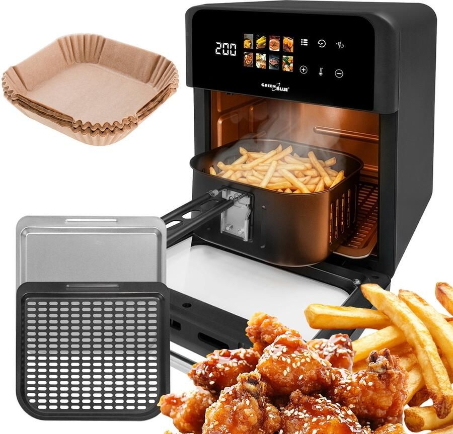 GreenBlue GB950 AIR FRYER met 100 stuks Airfryer Bakpapier Vetvrije friteuse 1800 W 10 l 8 programma s Accessoires Timer