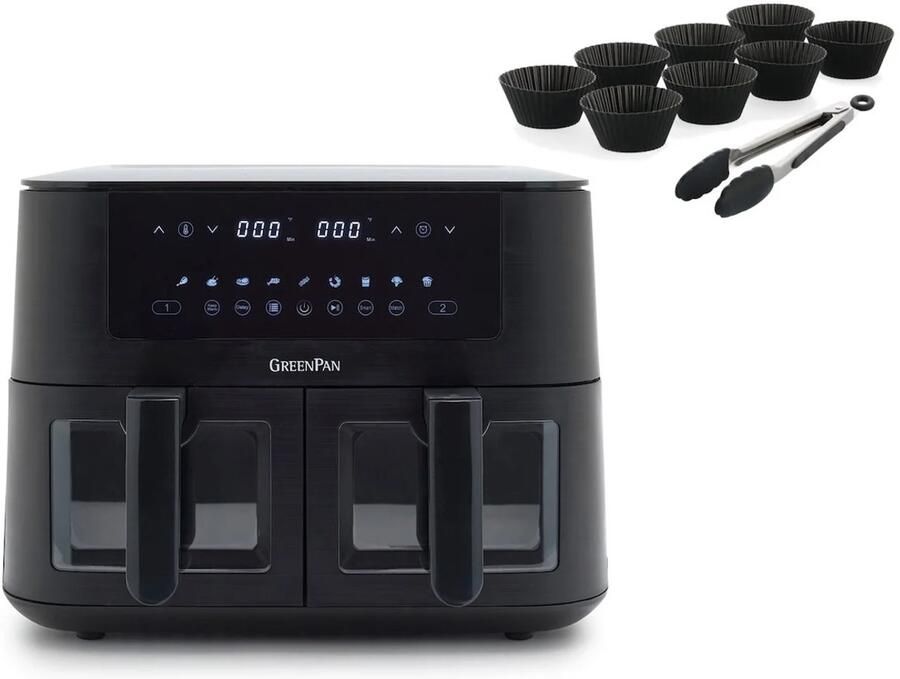 GreenPan Bistro AirFryer DUAL XL 4L + 4L + 8delig Bak set PFAS-vrij