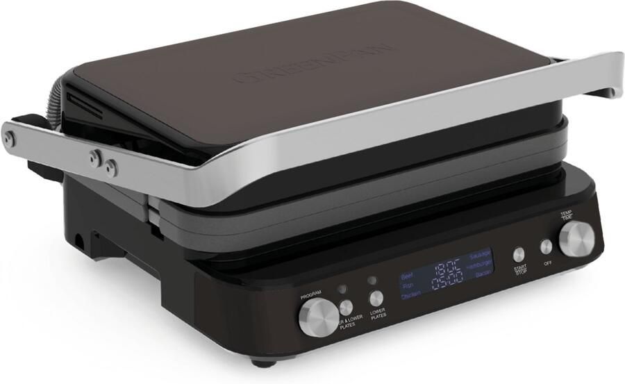 GreenPan Bistro Contactgrill Zwart 2000W PFAS-vrije antikleeflaag Keramische antiaanbaklaag Teppanyaki Uitneembare platen 180° uitvouwbaar