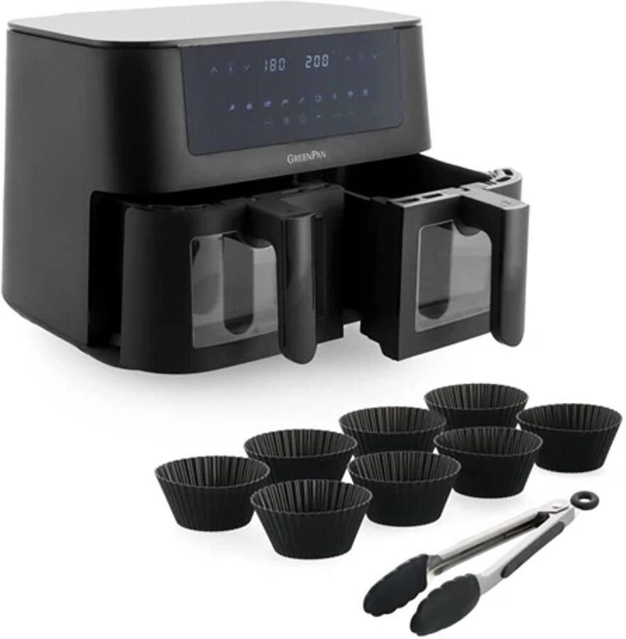 GreenPan Bistro AirFryer DUAL XL 4L + 4L + 8delig Bak set PFAS-vrij