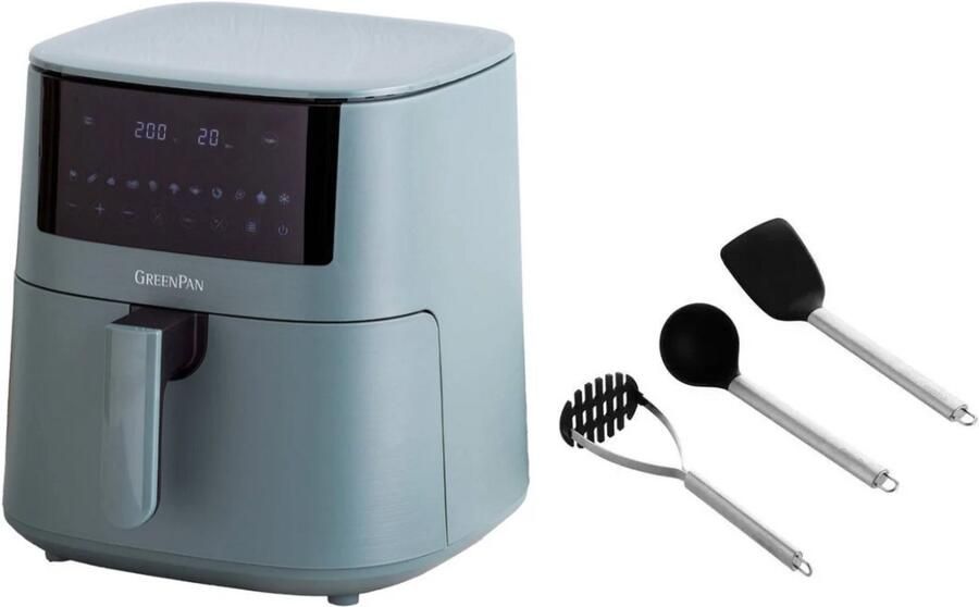 GreenPan Bistro XXL Airfryer 7.2L Heteluchtfriteuse PFAS-vrij 11 programma's 1650W Keramische antiaanbaklaag Met spatelset Smokey Blue