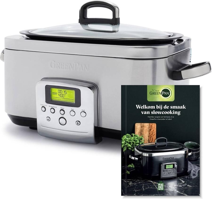 GreenPan Elite Slowcooker 6L PFAS-vrije antikleeflaag Leddisplay met kookprogramma's Koudgreep Vermogen: 1350 Watt RVS Deksel Met Receptenboek Stainless Steel