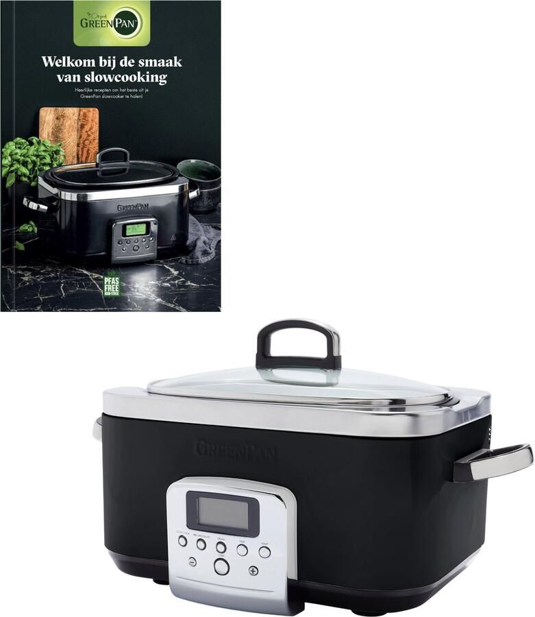 GreenPan Elite Slowcooker 6L PFAS-vrije antikleeflaag Leddisplay met kookprogramma's Koudgreep Vermogen: 1350 Watt RVS Deksel Met Receptenboek Zwart