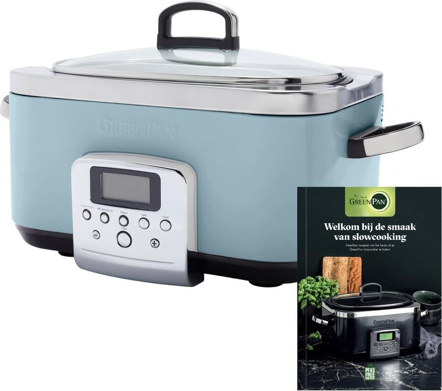 GreenPan Elite Slowcooker 6L PFAS-vrije antikleeflaag Leddisplay met kookprogramma's Koudgreep- Vermogen: 1350 Watt RVS Deksel Met Receptenboek Blauw