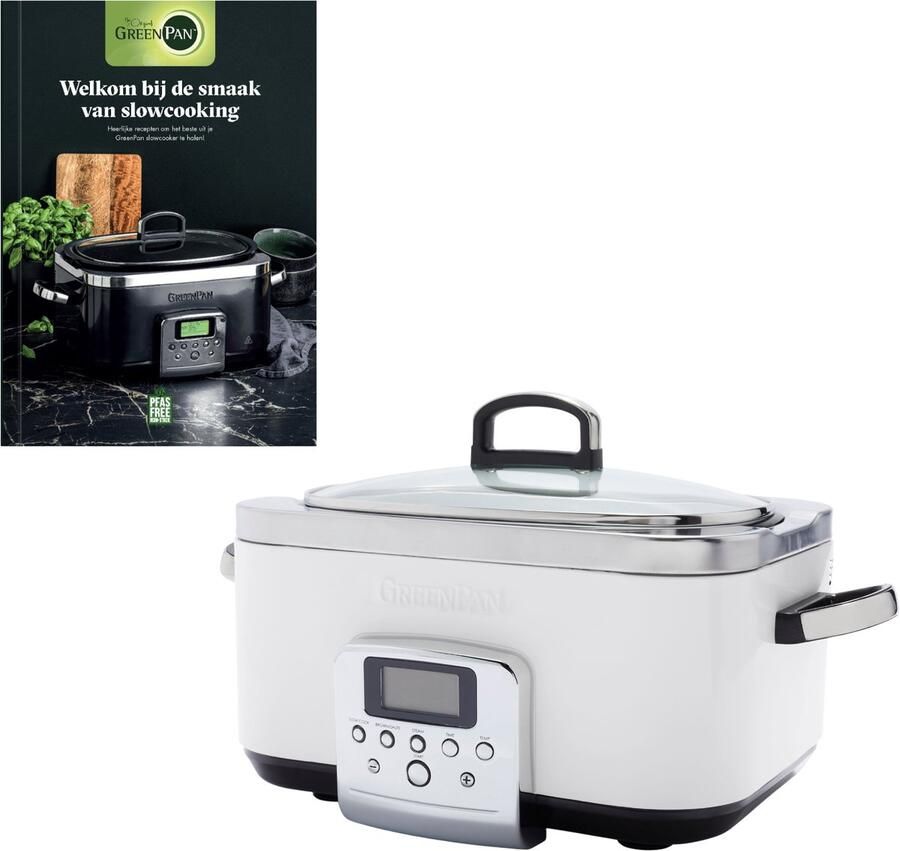 GreenPan Elite Slowcooker 6L PFAS-vrije antikleeflaag Leddisplay met kookprogramma's Koudgreep Vermogen: 1350 Watt RVS Deksel Met Receptenboek Crème
