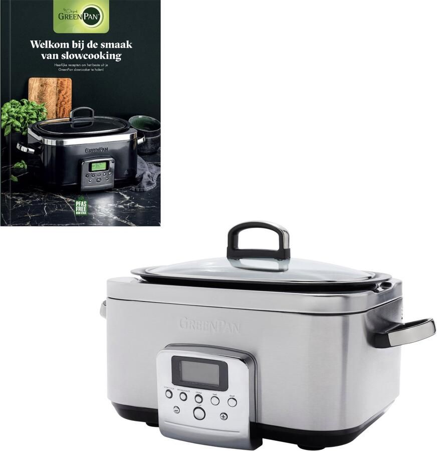 GreenPan Elite Slowcooker 6L PFAS-vrije antikleeflaag Leddisplay met kookprogramma's Koudgreep Vermogen: 1350 Watt RVS Deksel Met Receptenboek Stainless Steel