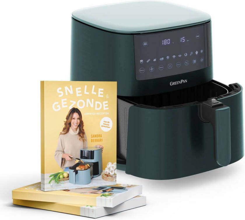 GreenPan Zomerdeal: Airfryer XXL 7.2L Pine Green + Sandra s snelle en gezonde Air Fryer-recepten Sandra Bekkari kookboek Vaderdag PFAS-vrij Airfryer kookboek Airfryers Vaderdag cadeaupakket