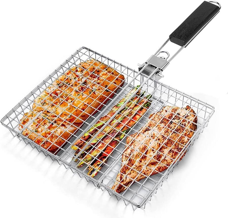 Grillmand Roestvrij Staal 32 x 22 5 x 4 cm Opvouwbare BBQ Grillmand met Houten Handvat Voor Vlees Vis en Groenten