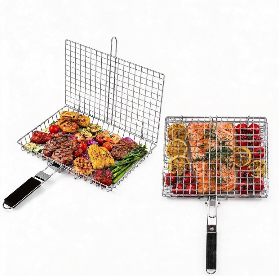 Grillmand Zilver 30 x 22 x 3 5 cm Roestvrij Staal met Afneembare Houten Handgreep Voor Barbecue en Grillen