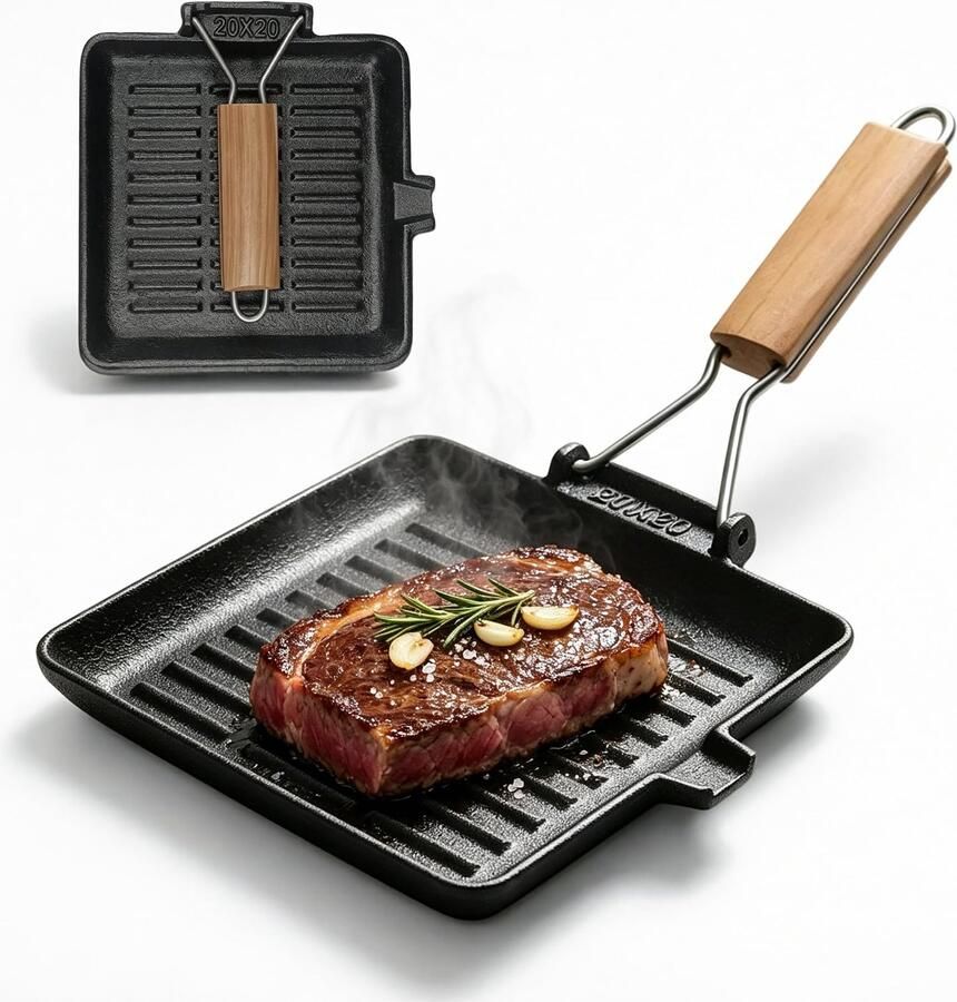Grillpan 20 x 20 cm Gietijzer Inklapbare houten handgreep
