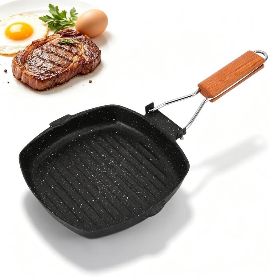 Grillpan Geen Kleur 20 x 20 cm Koolstofstaal met Inklapbare Handgreep Voor Vlees Vis en Groenten