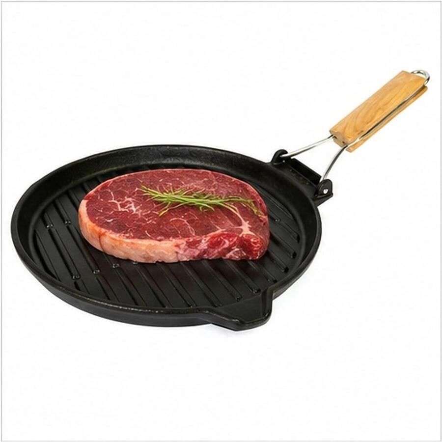 Grillpan Rond Ø 26 5 cm Met Antiaanbaklaag en Inklapbare Houten Handgreep Voor Grillen van Vlees en Groenten
