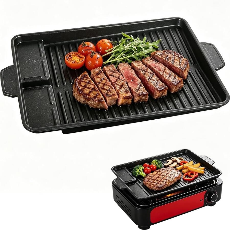 Grillplaat Zwart 37 x 26 cm Rechthoekige Antiaanbak Grillpan Voor Gasfornuis en Camping