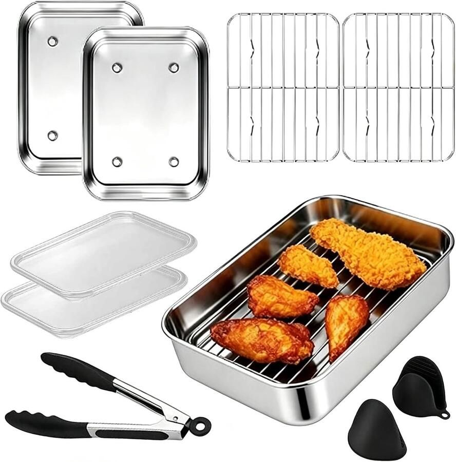 Guiwuiyu 8-delig Airfryer accessoires ovenschaal Airfryer van roestvrij staal 304 2× kommen 2× grillrooster 2× deksel tang & handschoenen compatibel met modellen AF400 AF451 AF500 DZ400