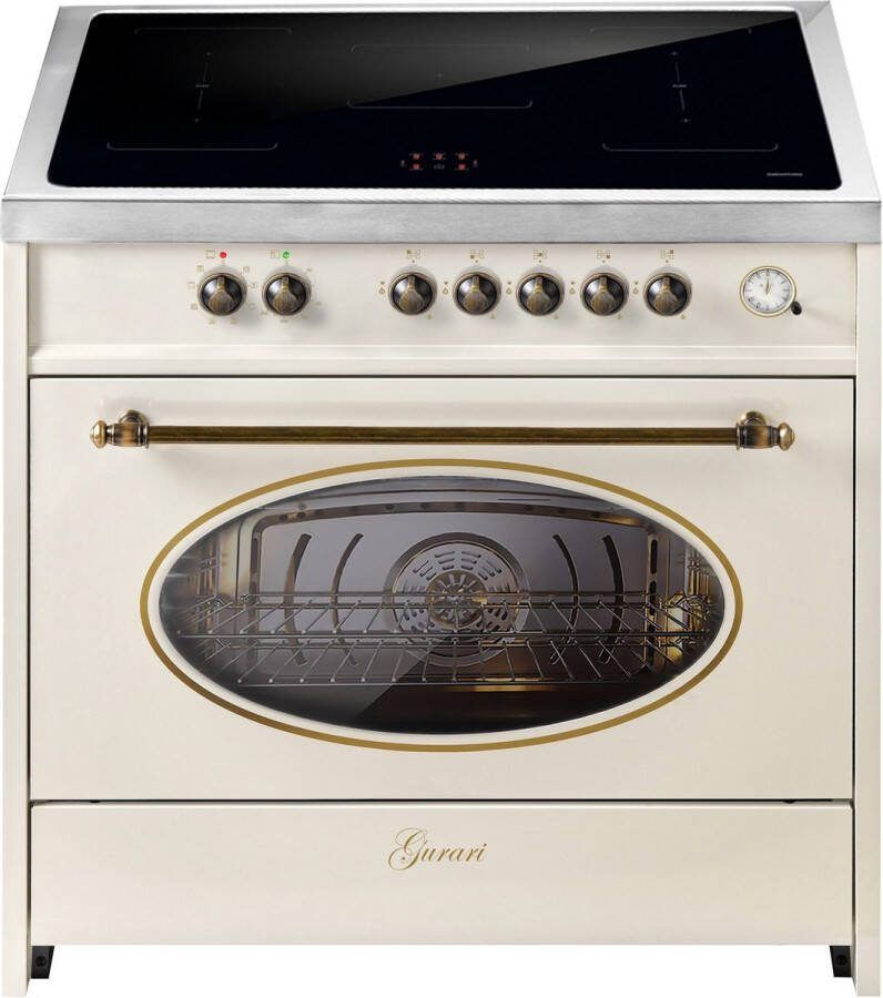 Gurari fornuis met oven elektrisch E 913 RU CR Retro vrijstaande inductiekookplaat 90 cm Range Coocker met 5 inductiezones allemaal met booster Vrijstaande inductiekookplaat in crème