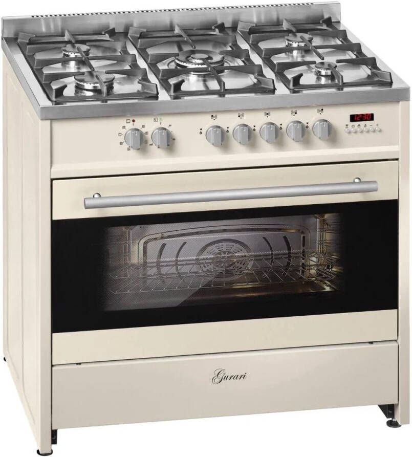 Gurari gasfornuis GCH E 911 Cr elektrisch gasfornuis 90 cm Range Coocker 121L 8 functies hete lucht grill 5 krachtige branders 4 kw WOK natuurgas propaan gas