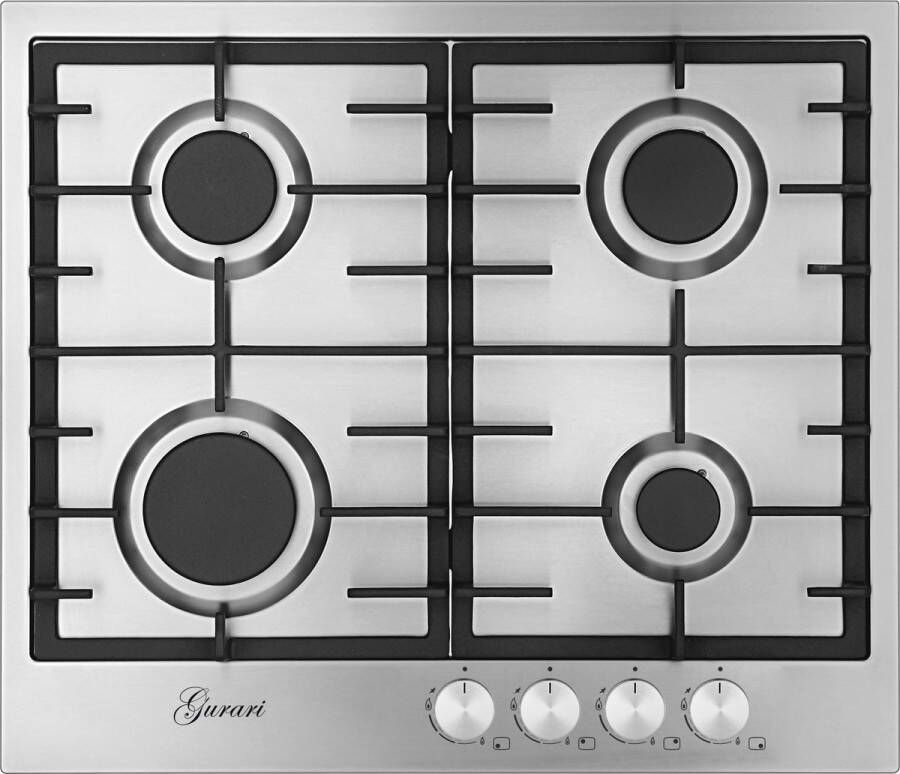 Gurari gaskookplaat GCH FB 604 Gaskookplaat 60 cm 60 cm roestvrij staal 4 0 KW WOK 4 gaspitten zelfvoorzienend
