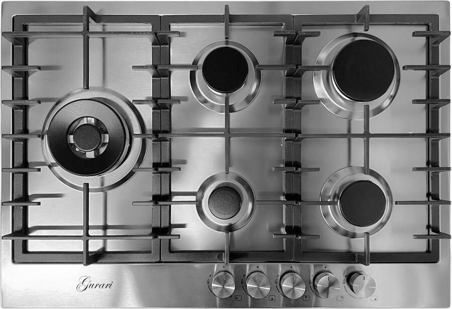 Gurari gaskookplaat GCH FG 755 Gaskookplaat kookplaat 75 cm roestvrij staal 4 0 KW WOK 5 gaspitten aardgas FL.gas