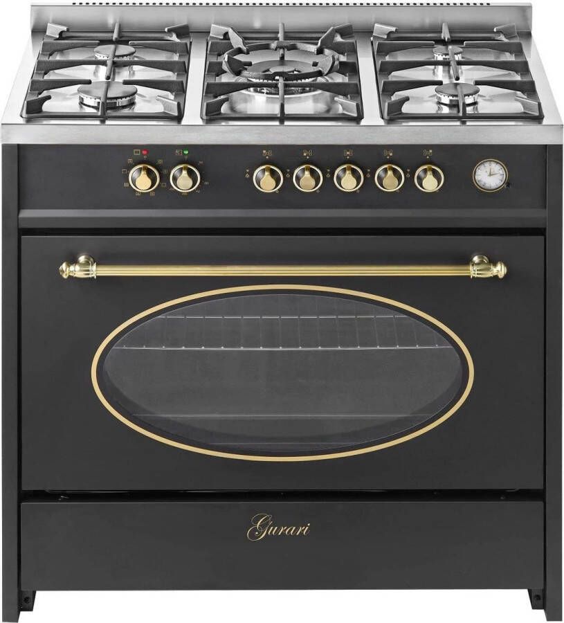 Gurari Gaskooktoestel GCH E 914 BL r Retro Gas Elektrisch Fornuis 90 cm Nostalgia Range Coocker 121L 8 Functies Hete Lucht Grill 5 Hoge Kwaliteit Branders Aardgas Propaan Gas WOK Adapter