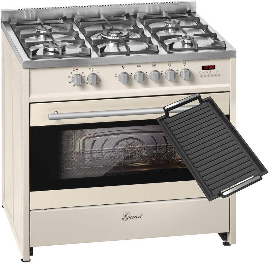Gurari gasfornuis GCH E 911 Cr + grillplaat elektrisch gasfornuis- 90 cm Range Coocker 121L 8 functies -hete lucht grill 5 krachtige branders 4 kw WOK natuurgas propaan gas
