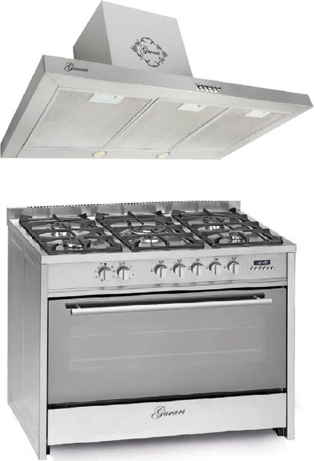 Gurari GCH E 911 X Gasfornuis 90 cm Reiscooktoestel 121L+Wandafzuigkap GCH F 461 IS 90 N Afzuigkap 90 cm
