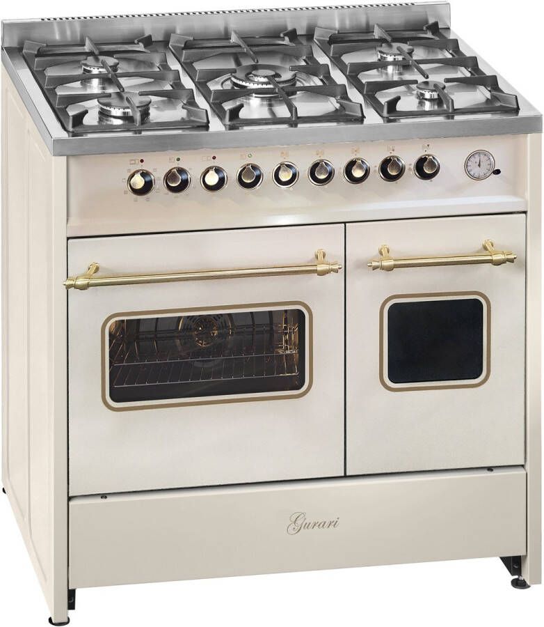 gurari GCH E 916 Cr R Gasfornuis 90 cm retro gasfornuis met elektrische oven Range Coocker 89L 8 functies hete lucht grill 5 hoogwaardige branders 4 kW wok aardgas propaangas