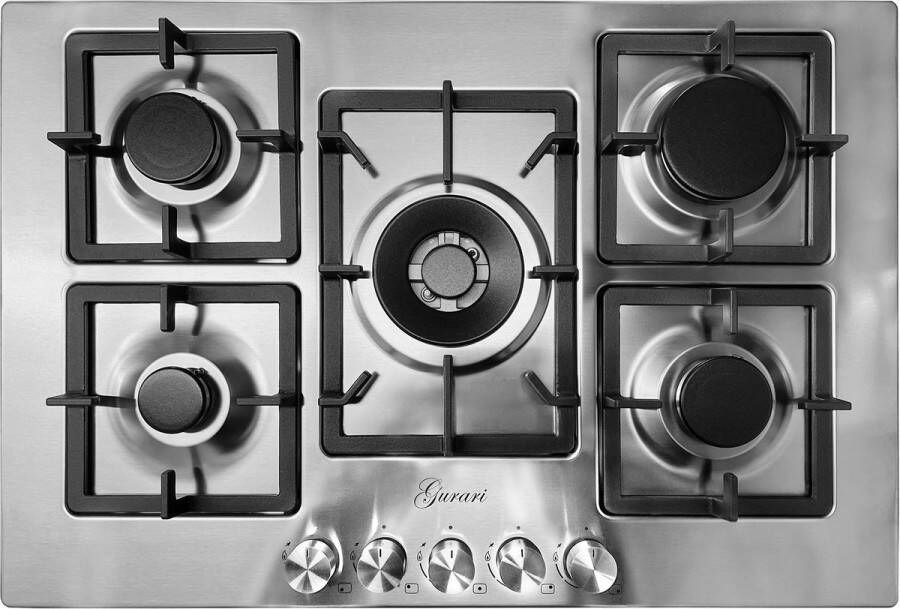 Gurari GCH FQ755VTGC Gaskookplaat 75 cm roestvrij staal 4 0 KW WOK 5 gaspitten aardgas FL.gas