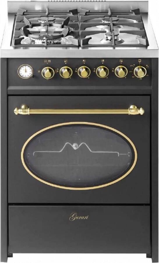 Gurari GCH G 614 Bl Vrijstaand Gasfornuis 60 cm Aardgas Fl.Gas 4 Kw WOK Gasbarbecue Range Cooker Lade met drukknop Gasbediening Spit. Aardgas propaangas