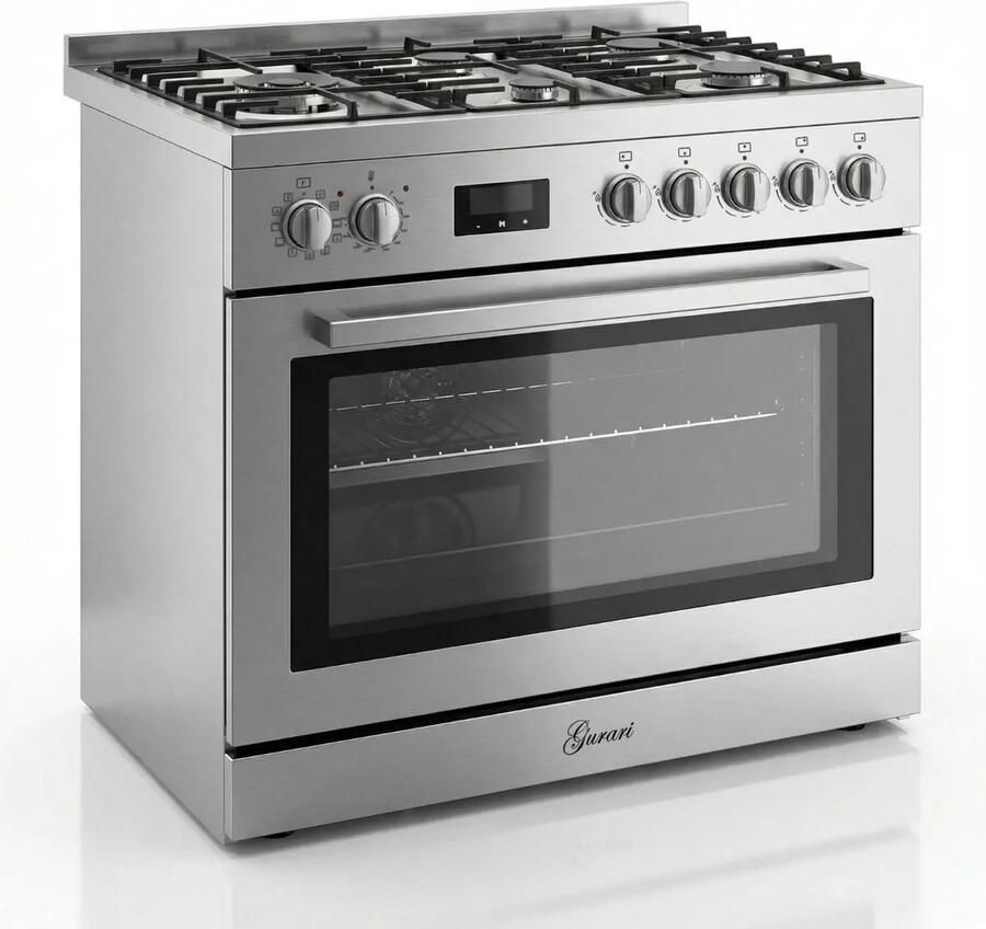 Gurari Gas-Elektro-Standfornuis GCH E 818 X Roestvrij staal 90 cm 126 L Aardgas Fl.Gas 4 Kw WOK Zelfreinigend