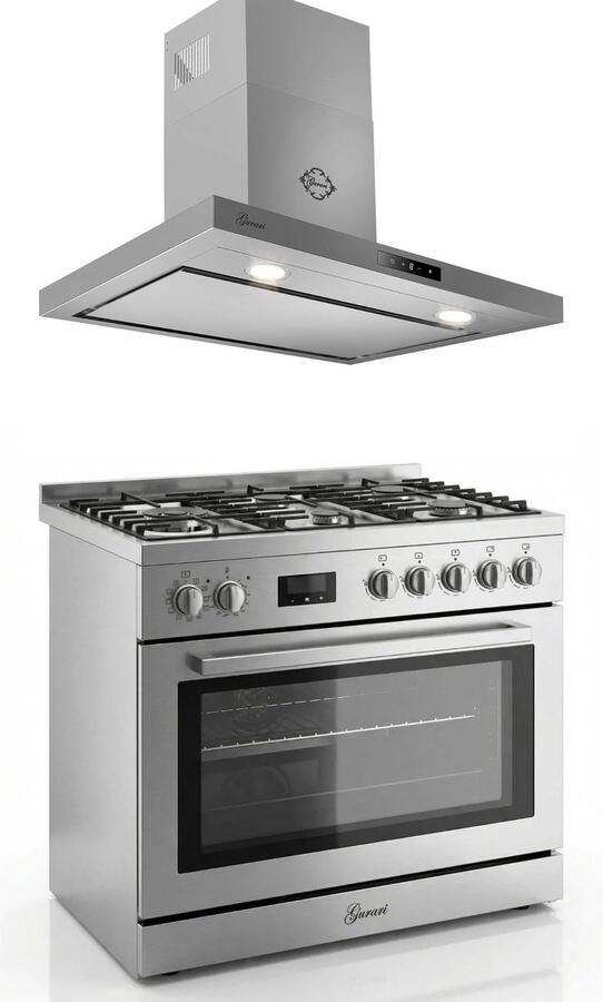 Gurari Gasfornuis Roestvrij staal Gas Elektro Fornuis 90 cm 126 L Aardgas Fl.Gas 4 Kw WOK Zelfreinigend GCH E 818 X+Afzuigkap 90 cm CH 5001