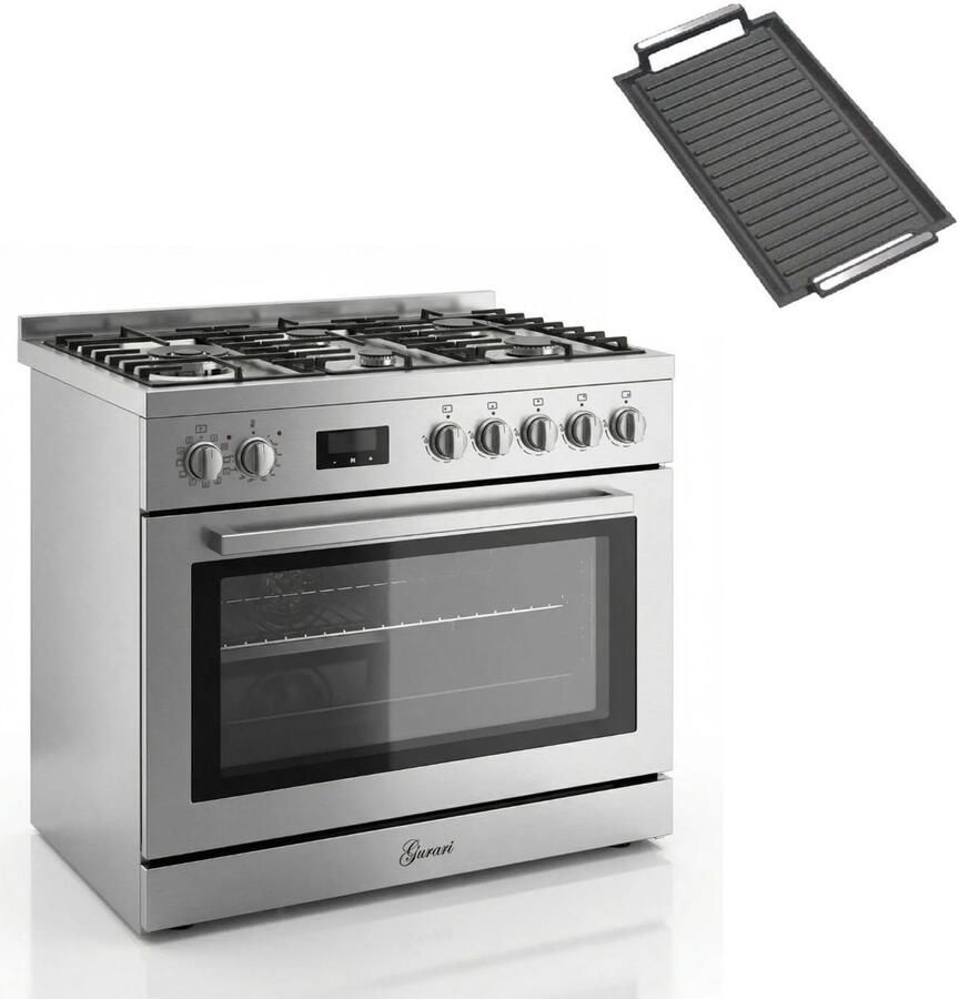 Gurari Gasfornuis Roestvrij staal Gas Elektro Fornuis 90 cm 126 L Aardgas Fl.Gas 4 Kw WOK Zelfreinigend GCH E 818 X+Grillplaat