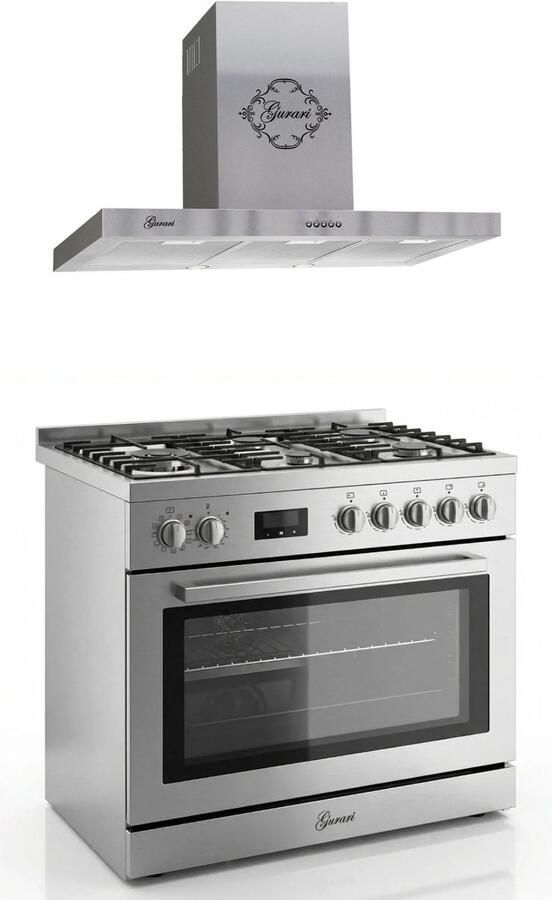 Gurari Gasfornuis Roestvrij staal Gas Elektro Fornuis 90 cm 126 L Aardgas Fl.Gas 4 Kw WOK Zelfreinigend GCH E 818 X + Afzuigkap 90 cm GCH 461 IS 9 1000m³ h