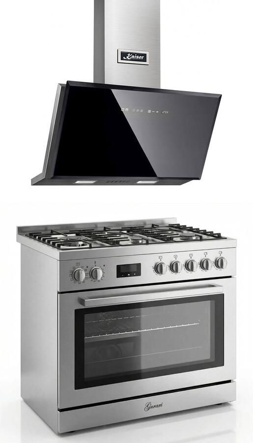 Gurari Gasfornuis Roestvrij staal Gas Elektro Fornuis 90 cm 126 L Aardgas Fl.Gas 4 Kw WOK Zelfreinigend GCH E 818 X + +Afzuigkap 90 cm AT 9430 F