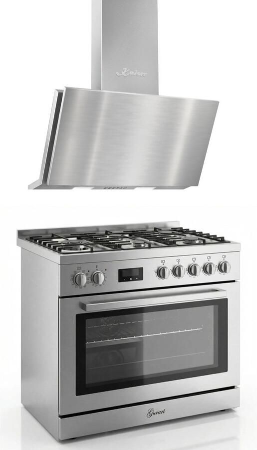 Gurari Gasfornuis Roestvrij staal Gas Elektro Fornuis 90 cm 126 L Aardgas Fl.Gas 4 Kw WOK Zelfreinigend GCH E 818 X + Afzuigkap 90 cm AT 9455 N ECO 1250m³ h