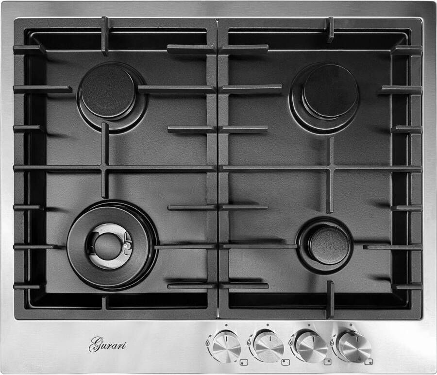Gurari kookplaat TX604VTGL Gaskookplaat 60 cm roestvrij staal zwart 4 0 KW WOK 4 gaspitten 4 pits zelfvoorzienend