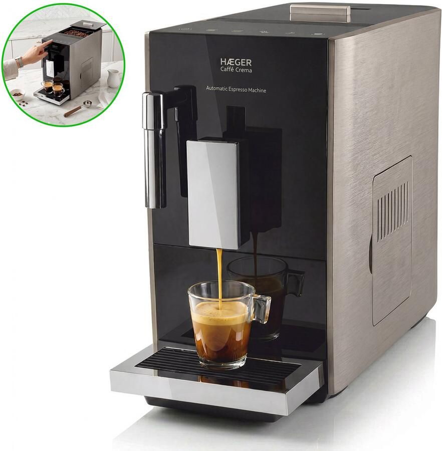 Haeger Caffè Crema Volautomatische Espressomachine 2 Soorten Koffie & Heet water Melkopschuimer voor Cappuccino Koffiemachine met bonen Zwart