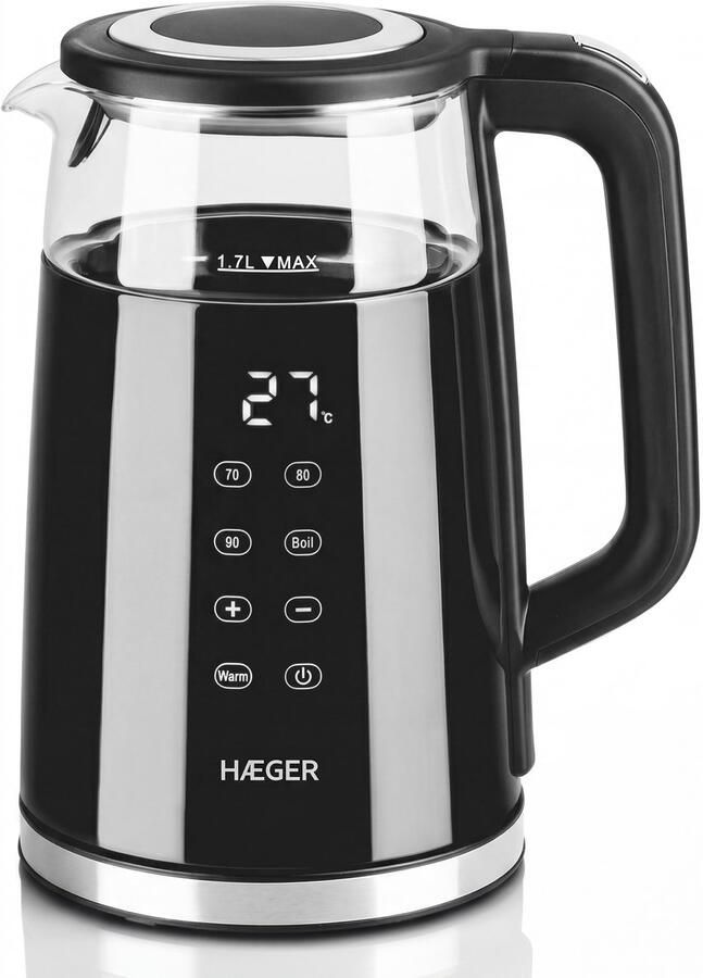 Haeger Digiglass Waterkoker met Temperatuurregeling Anti-kalkfilter Warmhoudfunctie Dubbelwandig Elektrisch 1 7 Liter 2200W Zwart