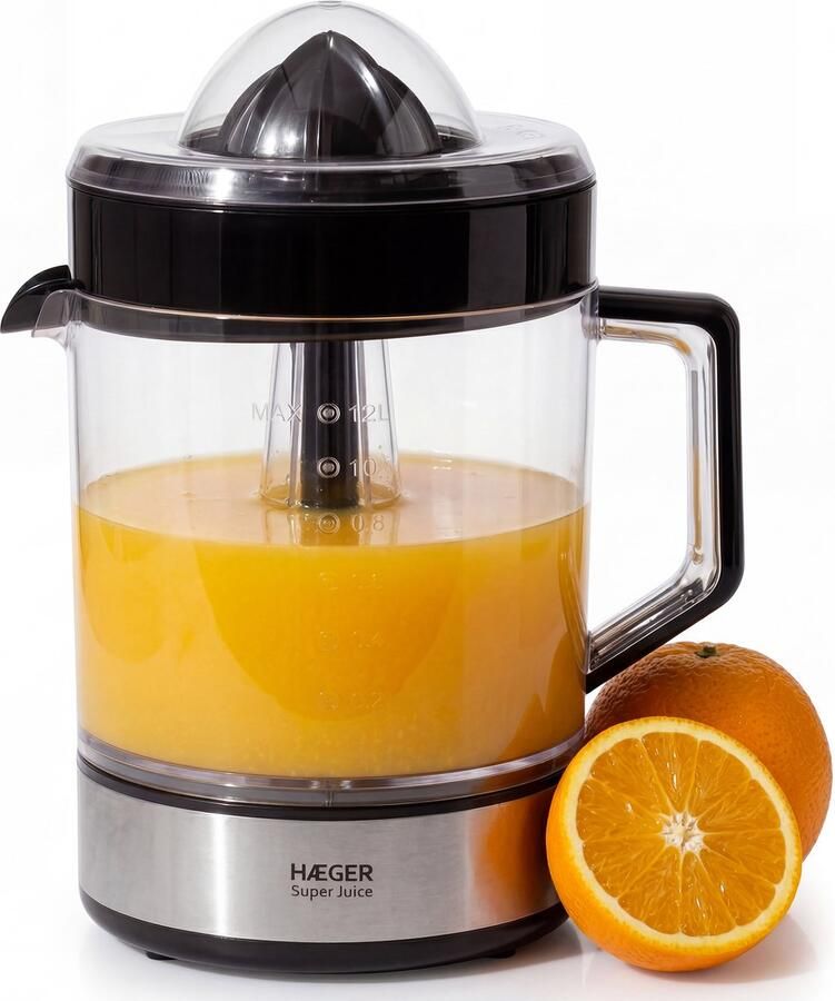 Haeger Elektrische Citruspers Super Juicer Pulpfilter & Antridrup 1.2 Liter Citroenpers Fruitpers Sinaasappelpers Zwart