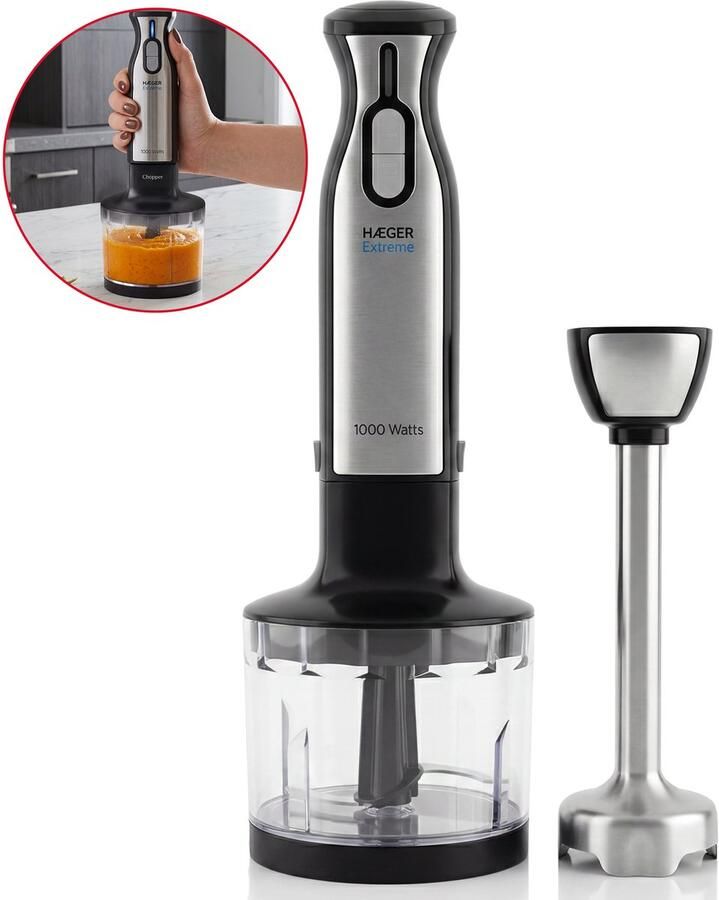 Haeger Extreme Chopper Staafmixer Inclusief Mengbeker Regelbare Snelheid Krachtig 1000W Hand Blender Zilver
