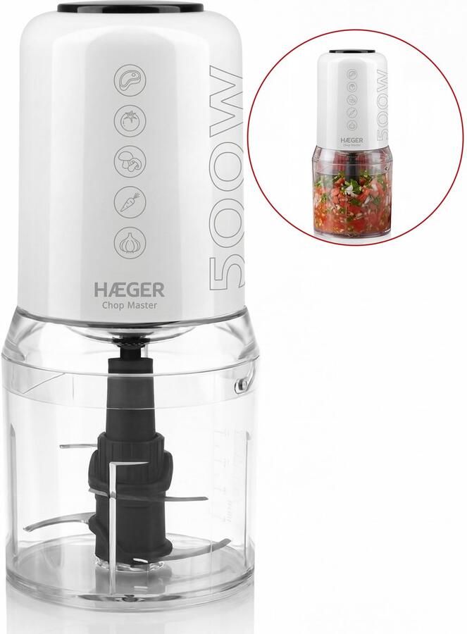 Haeger Hakmolen Electrisch Chop Master Krachtig & Afneembare Messen 500W 500ml 2 Snelheden Food Chopper Wit