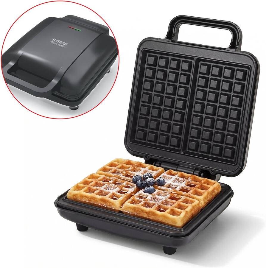 Haeger Master Wafelijzer Anti Aanbaklaag & Pfas-Vrij Wafelmaker voor 2 Grote Brusselse Wafels 1400W 2 wafels Waffle Maker Zwart