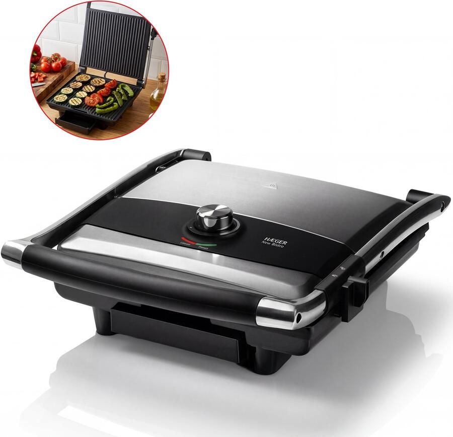 Haeger New Bistro Contactgrill 2000W XXL 27x30 cm Tosti Apparaat Grill Apparaat Tosti Ijzer Panini RVS